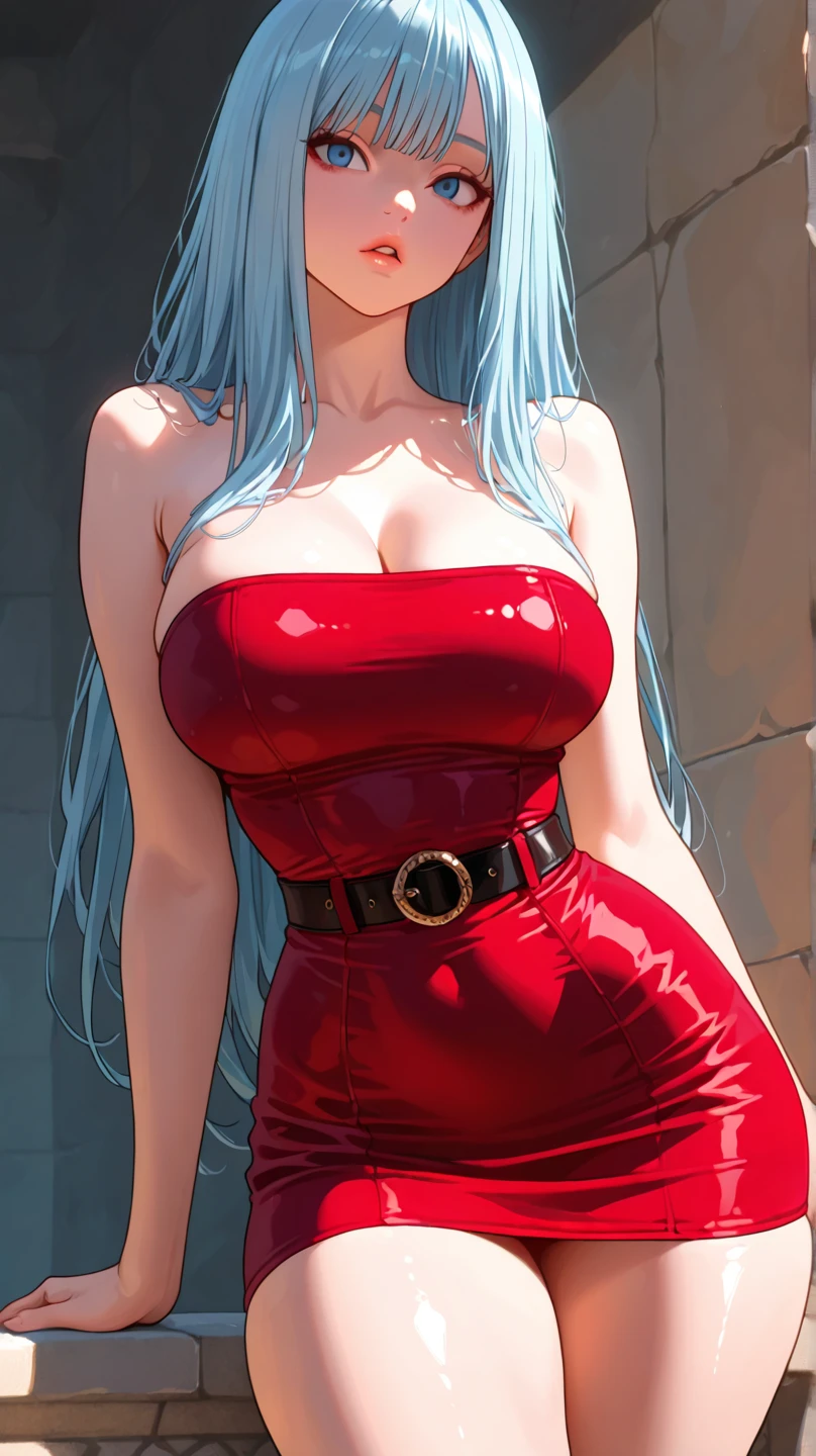 (Masterpiece, BestQuality:1.3), (ultra detailed:1.2), (hyperrealistic:1.3), (RAW photo:1.2), High detail RAW color photo, professional photograph, (Photorealistic:1.4), (realistic:1.4), professional lighting, perfect anatomy, (Big Breasts:1.2), (blush, detailed face), (cheerful Smile:1.5), (Blue Hair:1.5), Trending Hair&Trending Hairカラーをランダムに, earrings, necklace, bracelet, sexly, erotic sexly, Random sexy gravure poses, (A woman in an elegant red dress in a restaurant、Smiling while holding a glass of wine。With long curls、One hand on hip。: 1.3)