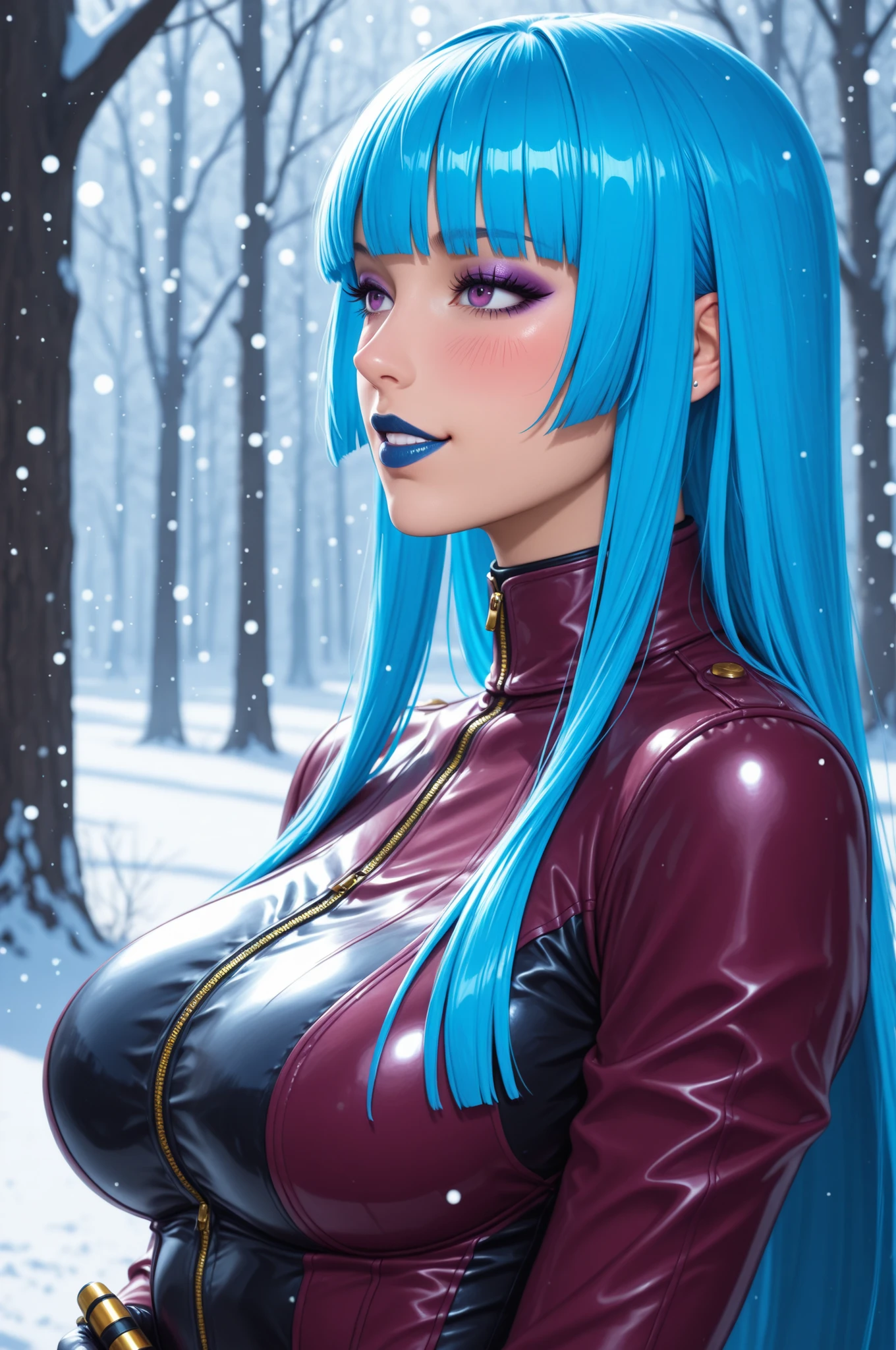 masterpiece, best quality, absurdres, newest, very aesthetic, amazing quality,highres, solo, Kula Diamond \(king of fighters\), blue hair, hime cut, purple eyes, gloves, (1girl), (detailed face:1.2), (detailed eyes:1.3), black eyeliner,purple eyeshadow, blue lipstick, blush, flirting, snowflake, high resolution, 8k wallpaper, Distinct, magical atmosphere, beautiful background, high quality, snowy background