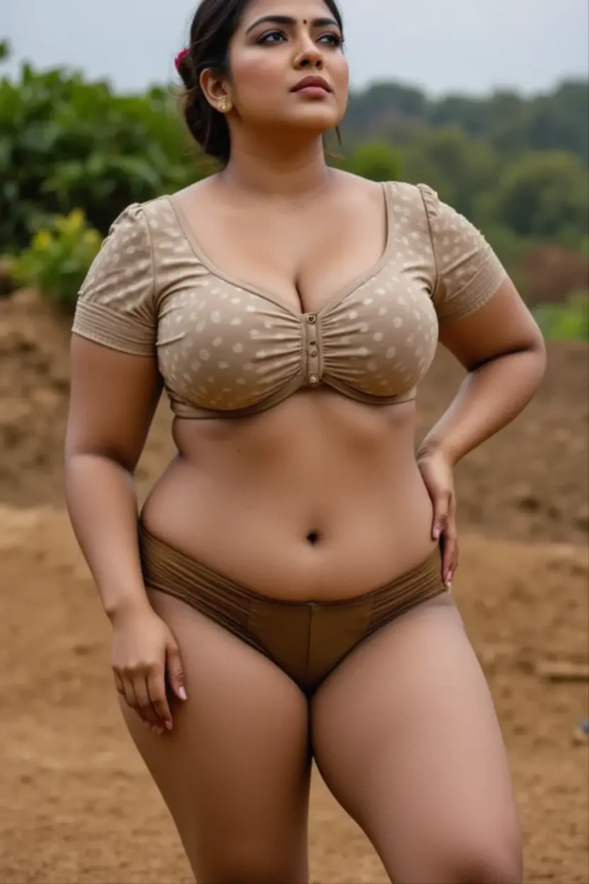 DARK SKIN, South Indian WOMAN, TALL, NAVEL, CLEAVAGE, BUSTY, FAT, VOLUPTUOUS, CHUBBY, PLUMP BELLY, LOVE HANDLES, BLACK BRA, BLACK LEGGINGS, REALISTIC, PHOTOGRAPHY, LOOKING DOWN, LOW BUN HAIR, FIELDS BACKGROUND,