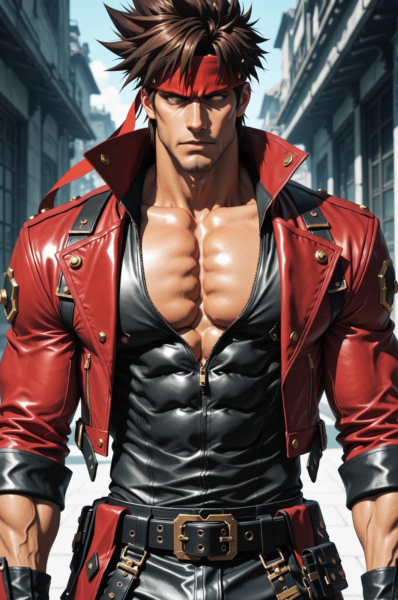 masterpiece, best quality, absurdres, newest, very aesthetic, amazing quality,highres, 1boy, male, Sol Badguy, brown hair, gold eyes, black vest, red jacket, belt, headband,ultra-detailed, intricate details