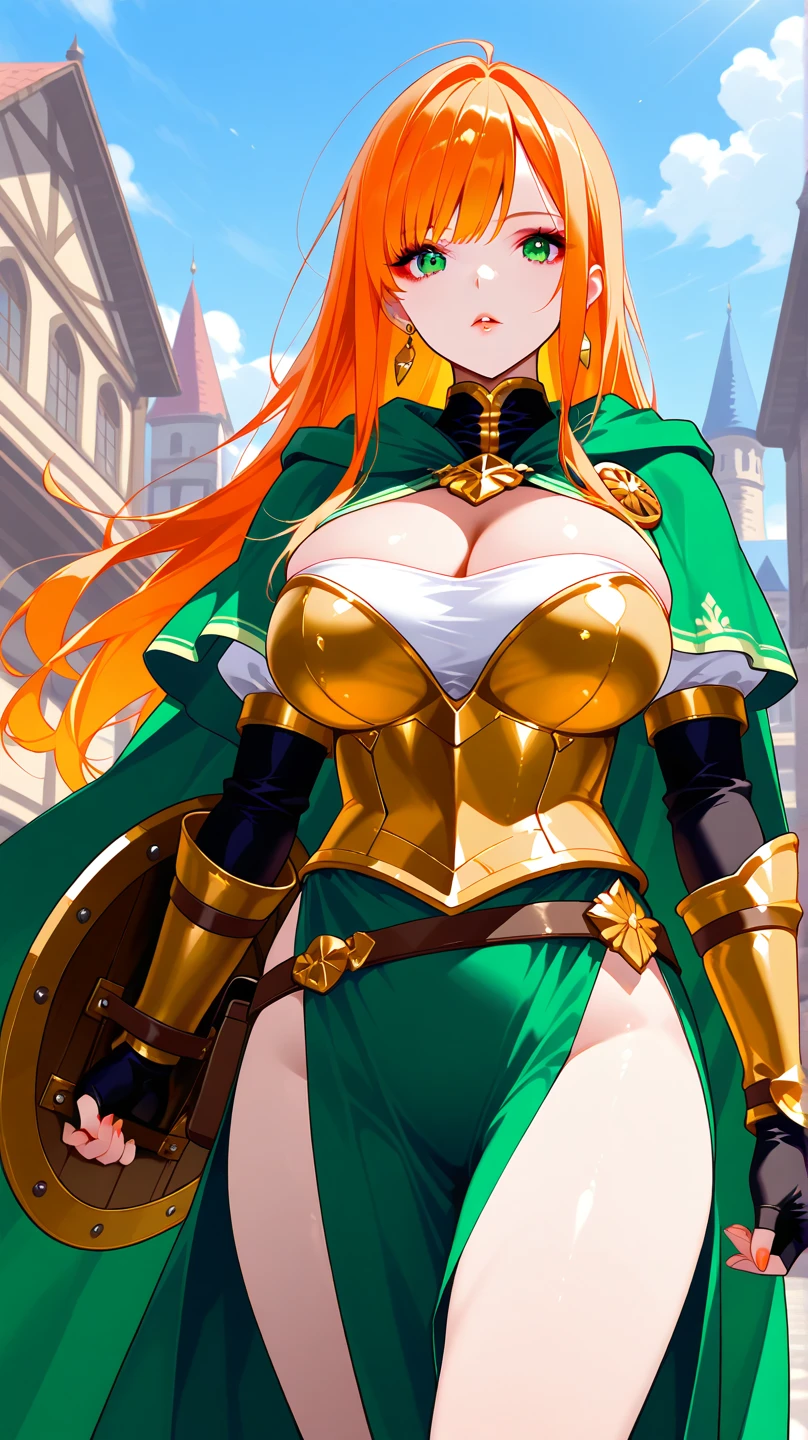 Lian, red hair, hair stick, bangs, blue eyes, solo, smiling, standing, upper body, hips, bare shoulders,purple thighhighs, green dress, gold jewelry,armor,gloves,circlet, cleavage, red and gold royal castle, gigantic breasts, (best quality, masterpiece, beautiful and aesthetic:1.2, highest detailed face, perfect face,) eyes, perfect face,expressive eyes,
looking at viewer, in the center of the image,(Upper_body),(Focus on her face),
official art,extremely detailed CG unity 8k wallpaper, perfect lighting,Colorful, Bright_Front_face_Lighting,shiny skin,
(masterpiece:1.0),(best_quality:1.0), ultra high res,4K,ultra-detailed