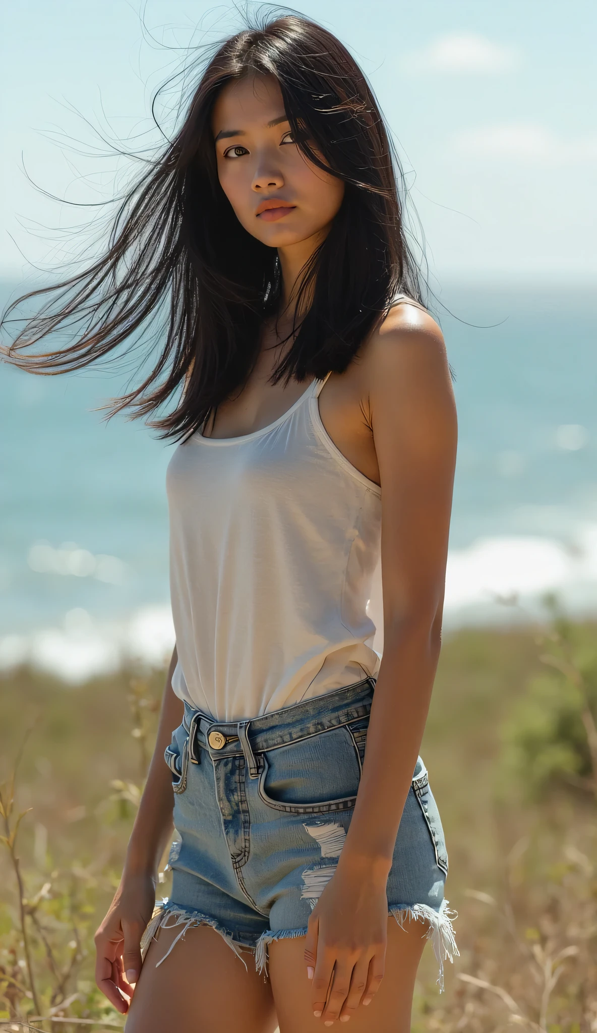random cinematic portrait cute sexy outfit 18 years old girl, straight hair, night in beach