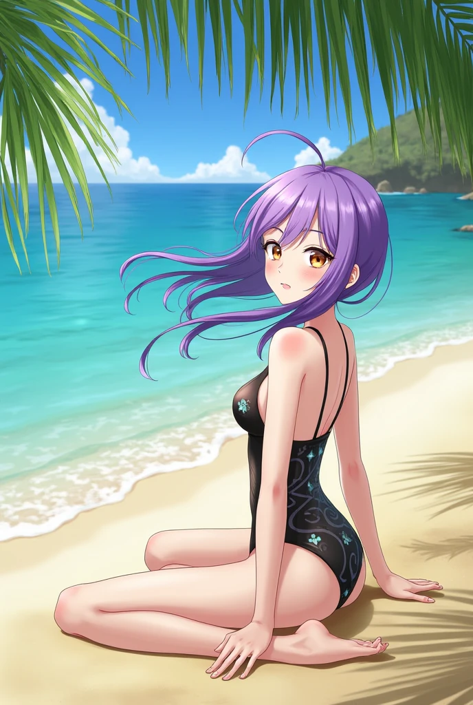 Keqing from Genshin impact in a one-piece swimsuit on the beach