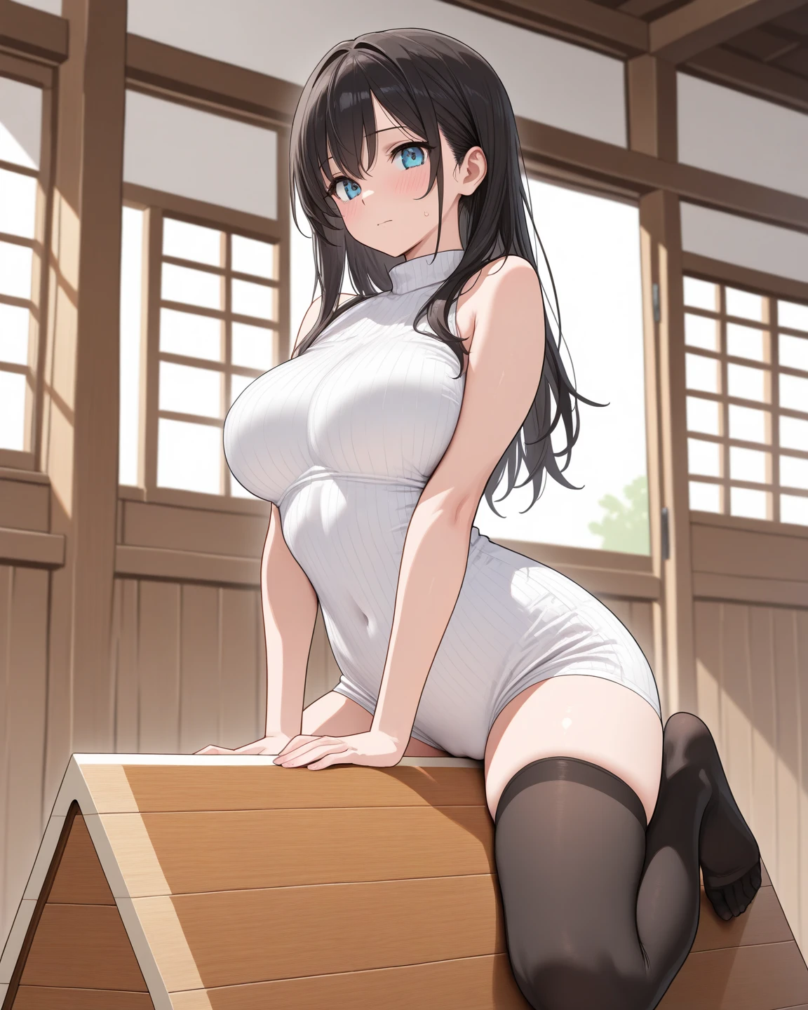 ((masterpiece)), ((best quality)), (ultra-detailed), ((extremely detailed)), 4K, (8K), best quality, (perfect anatomy), ((((beautiful detailed eyes)))), (((world-class quality))), photorealistic, extremely detailed, high resolution, (detailed shaded pretty face), (((house wife))), solo, (((sagging breasts))), (((wearing oversized_sweater)), glowing detailed skin and hair, white-skinned, (((glistening skin))), huge ass, kasumi iwato, potbelly, baby face, (half updo),, , stylish pose, curvy, smile, cleavage, bare foot, straddling , sit astride, spread legs, bare shoulders