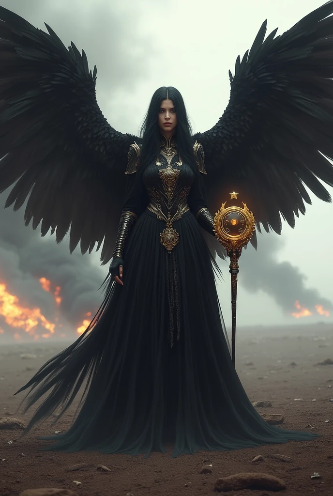 Depict a black angel that looks very frightening, He wore a golden crown and many corpses lay beneath his feet