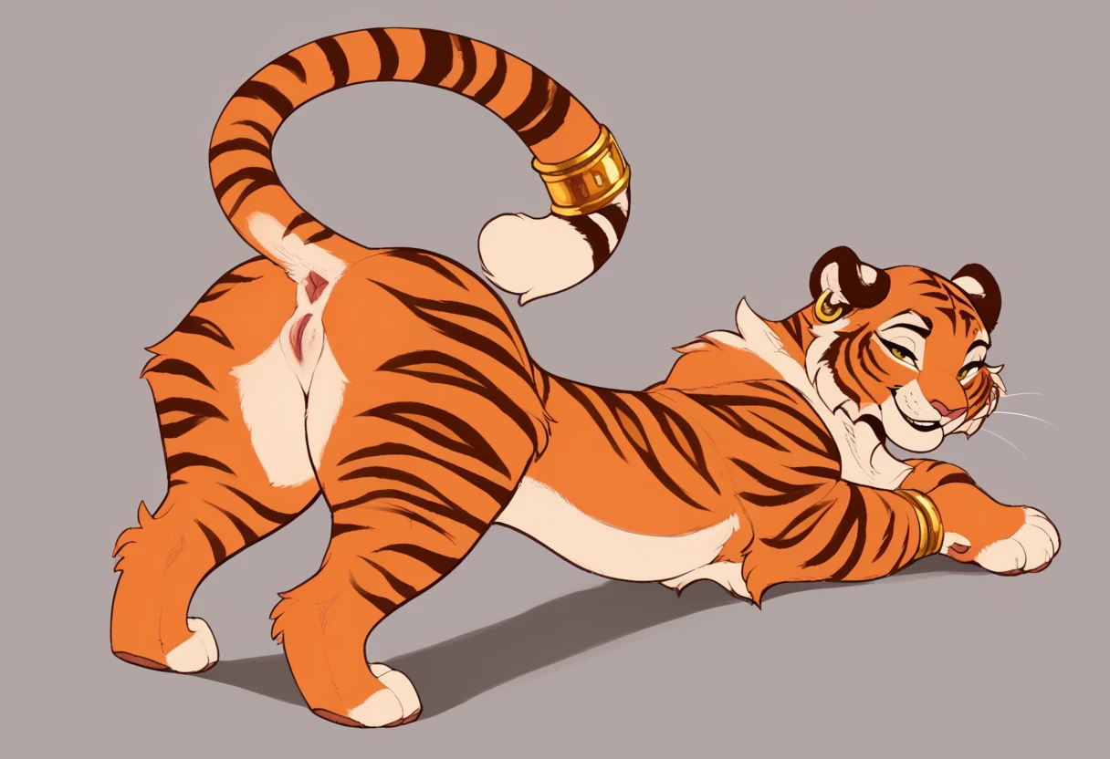 , score_9,score_8_up,score_7_up, kemono style, [Master Tigress], [Kung Fu Panda], red eyes, yellow sclera, tiger female, feminine, tall, skinny, hourglass figure, naked, standing, simple abstract background, wearing a skimpy haori, haori barely covering her, exposed shoulder, exposed ass, lifting tail, seductively modeling, standing, one leg up bottom of foot visible, 