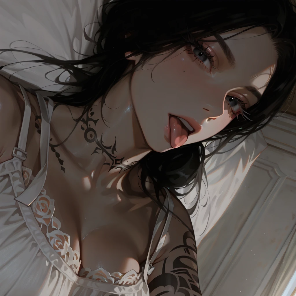A beautiful European girl with messy black hair, alternative aesthetic, gothic, golden eyes, laying in bed in her panties and a T-shirt