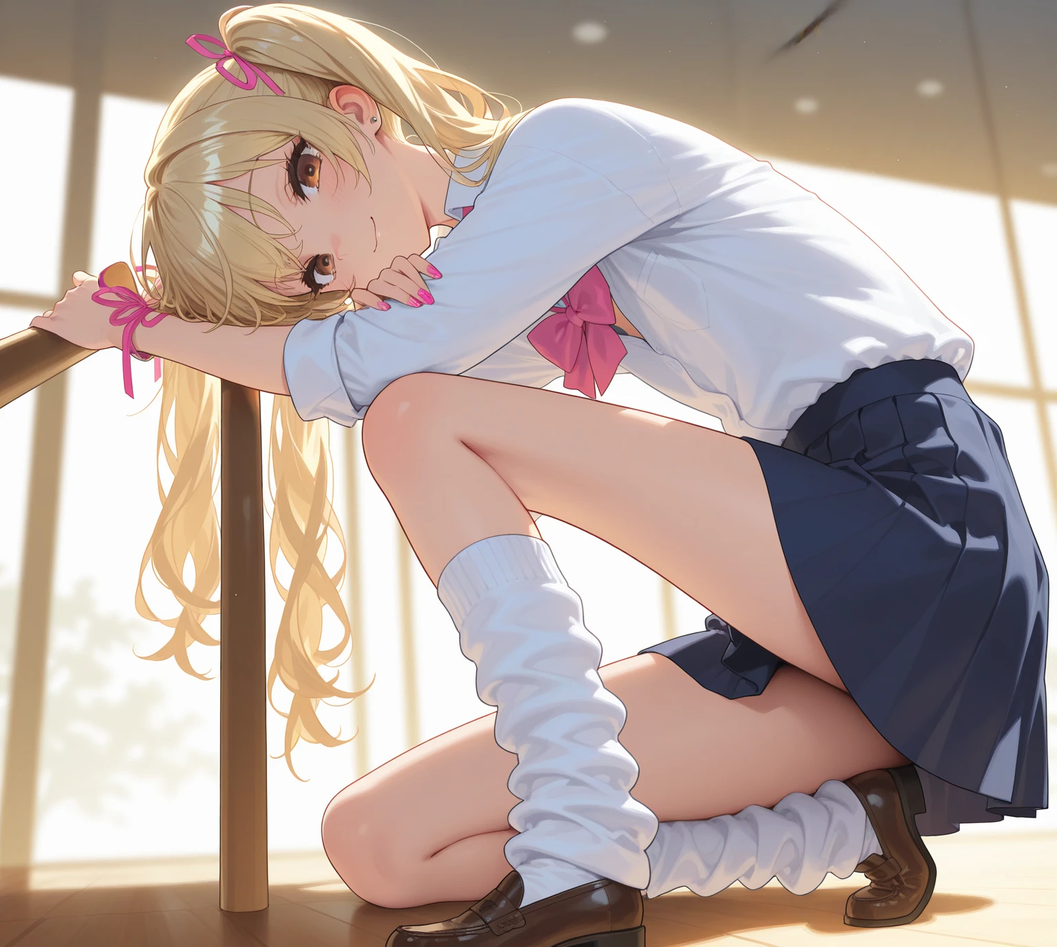 1girl, solo, school girl uniform, mini skirt, Pleated skirt, Sulky look, : (, squatting, panties, pink panties, dark skin, (((tanned skin))), blonde hair, long hair, putting hair behind ears, Cheek resting on hand, Black socks, Below-the-knee socks, loafers, In the shadows behind the school building, (((from below))), sitting, front view,