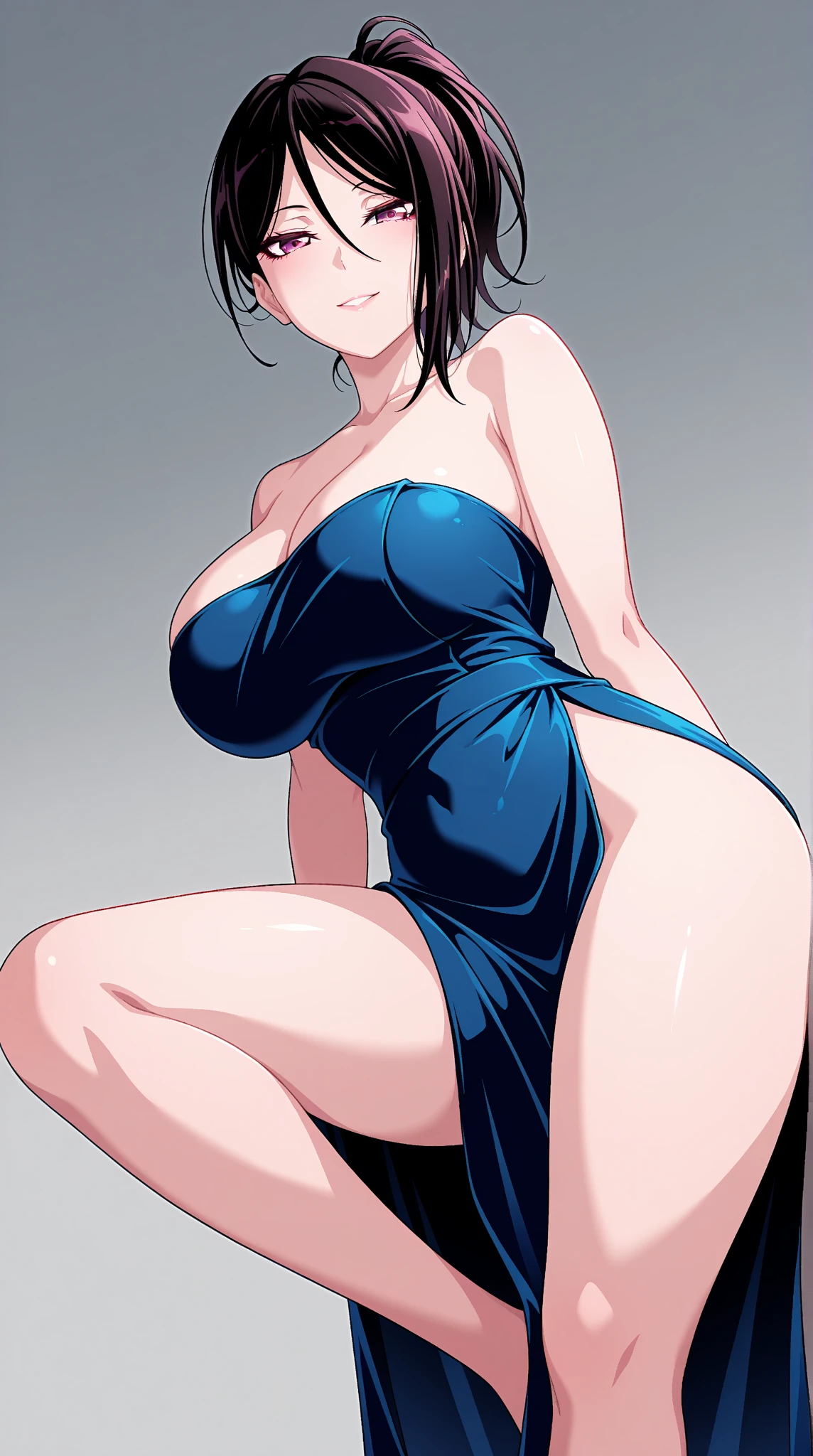 (masterpiece, best quality, ultra detailed, absurdres, looking at viewer)1.5, 1girl, (sexy, beautiful woman, perfect face, perfect eyes, perfect female body)1.5, (JuliaBloodstone, short hair, earrings, black hair, red eyes, mature female, milf, extremely detailed clothes, smile,swimsuit,
