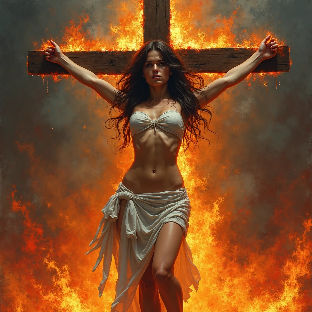 1 girl, realisitic, Raw photo, japanaese girl, (fullnude:1.9), (Beautiful and cute face:1.4), 18year old, bobhair, Black hair, (Crucifixion to a burning cross engulfed in flames:1.8), (Tied to a cross with barbed wire:1.5), not any dressed、(Spraying water on the girl's body from a fire hose:1.6)、Massive amounts of white smoke and water vapor