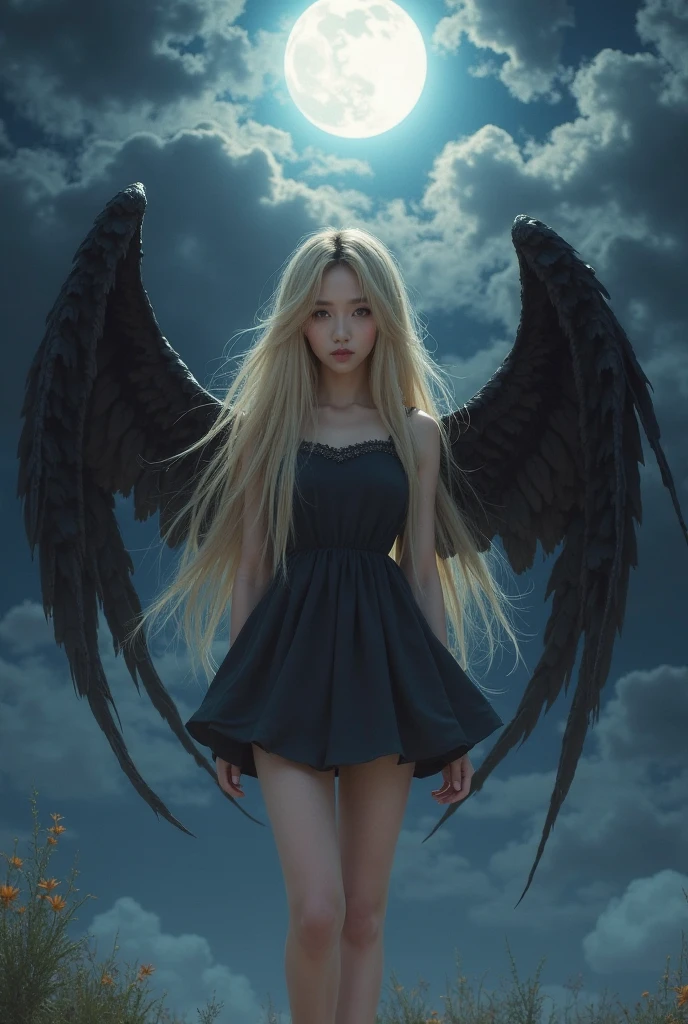 8K, raw photo, realistic, (detailed skin, best quality:1.2), alluring succubus, (Black Wings), Japanese teenage girl with black angel wings flying high in the evening sky, ((black evening dress, black lace dress)), (((flat chest:1.4))), (bright blonde hair, long straight hair), (Neat face, pale skin), full body shot, A translucent black cloth covers the body......, thighs, sunset sky high, sunset light