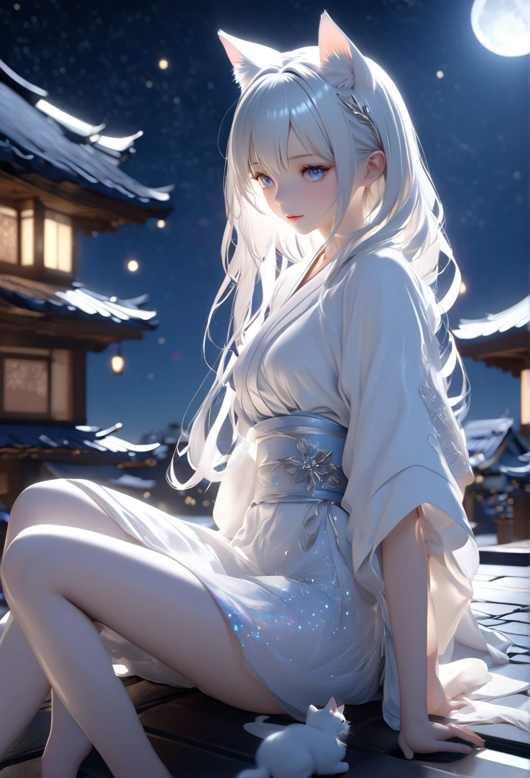 ((high resolution, silver hair, long hair, shrine maiden, white band)) ((mysterious, blue butterfly, night, Japanese style, shoulder, shining aura)) (prayer, dance), moon, stars, catch the wind, winter