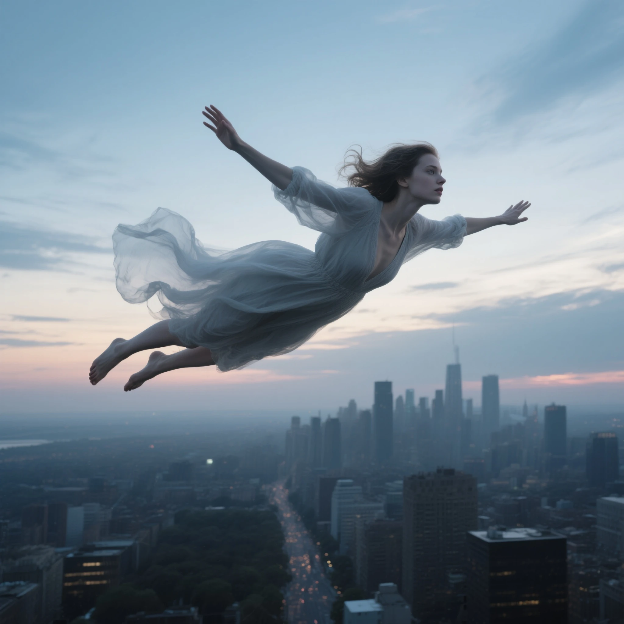 Falling: The woman dreamer in a long fully covered nightgown experiences the sensation of falling from a great height, feeling the wind rush past them as they plummet towards the ground. The surrounding scenery an old world cityscape . ( fear:1.4) on the subject face <lora:vintage_illust:0.5> vintageillustration