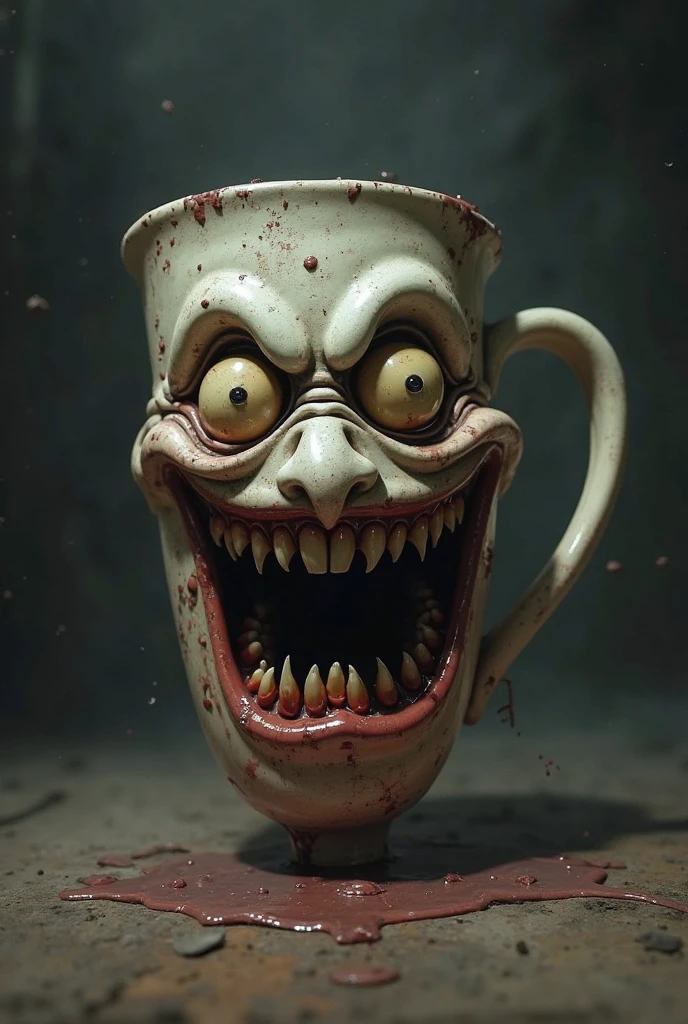 A shaker glass that has a scary mouth and animated eyes