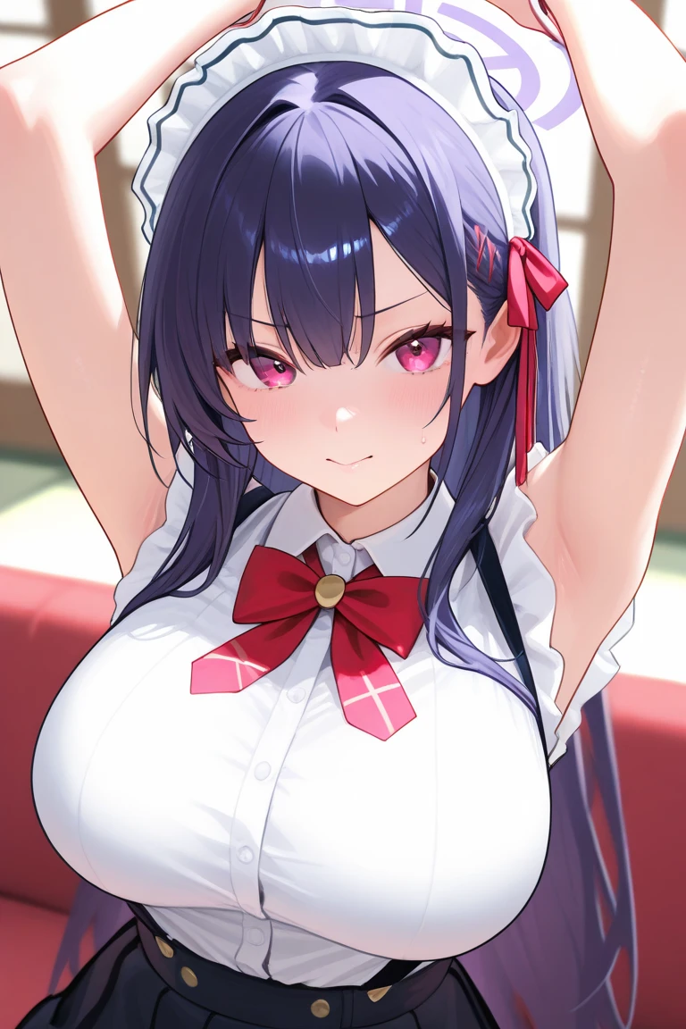 todoshizuko, purple hair, ponytail, hair ribbon, long hair, blue eyes, makeup, 14years old, large breasts,, Live Stage, solo nipple