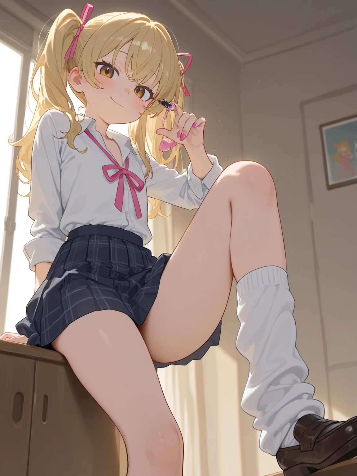 ((masterpiece、Highest quality、Very detailed))、One Girl、gyaru、Blonde、Long Hair、Wavy Hair、Grey Eyes、evil smile、((Grin))、Pink Lips、((lots of piercings))、Large Breasts、((Bow tie on the chest))、((White shirt))、((Black pleated skirt))、bracelet、sitting、((knees up:1.5))、((white buggysocks))、loafers、Gym storeroom