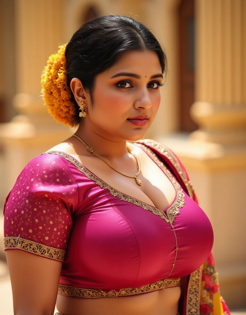 Outdoor image of 21yo in school school photo in school masterpiece, (photorealistic:1.7), best quality, beautiful lighting, Eleanor Latino Woman 20yo Old Big Breasts Plus Size Model random colour beautiful eyes extremely high Bun long extreme curly hair Lifts wearing Indian flowers ethnic enegance princess salwar kameez. Flowers on hair (closeup view)