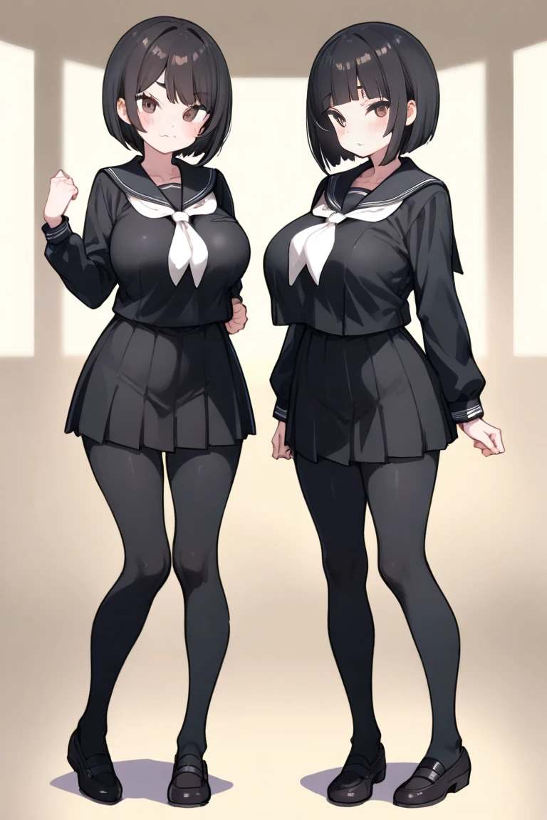 whole body,Standing posture, (alone,Black Hair,Bobcut,) (One girl, Big Tits,Lori,), (beautifully drawn face:1.2) (High leg leotard,Sailor suit,) Embarrassed expression,(White background)