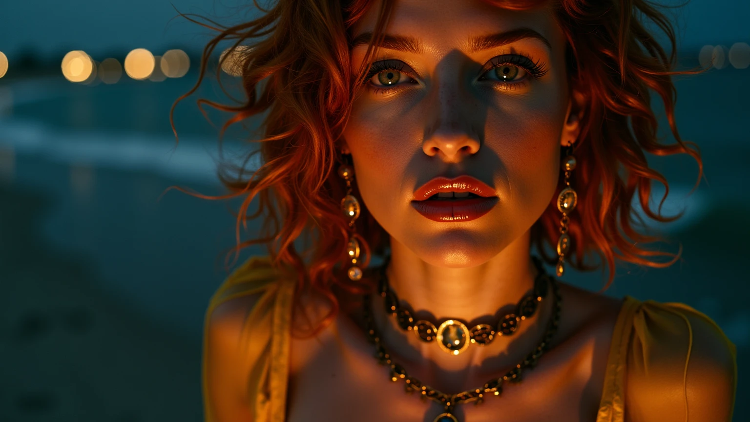 (Fujifilm XT3 35 millimeters), portrait photo of a beautiful woman with auburn hair wearing an intricate halter dress, wearing jewelry, detailded, 8k hd, dslr, high-quality, film grain, (sharp focus: 1.1), bigfaketits