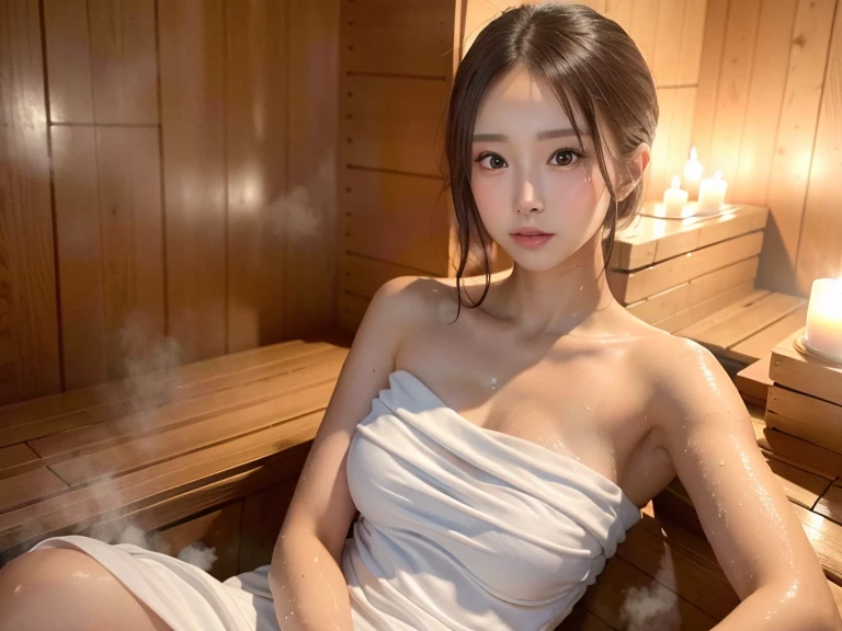 (REALISTIC:1.2), Beautiful Woman, 1 Woman, small breasts:1.2, Slender Body:1.1, ((sauna)), (Wet Body), ( (white big size towel dress strapless):1.3, Ultra Detailed Face, Detailed Lips, Detailed Eyes, (hair bun, single braid, dark brown hair), sitting on, Perfectly realistic body