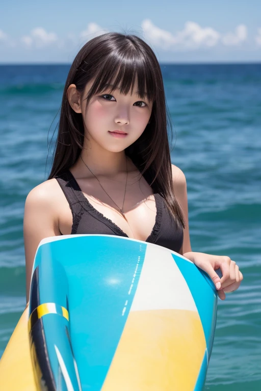 best quality, detailed, beautiful, insanely detailed, absurdres,perfect anatomy, Japanese woman,black hair,27 years old, (slender), (small breasts), ocean, cheerful grin, riding (water bike), semi long, (Orange bikini:1.1), in the ocean, (Scene of sliding on a personal watercraft:1.2), closeup shot, high angle shot
