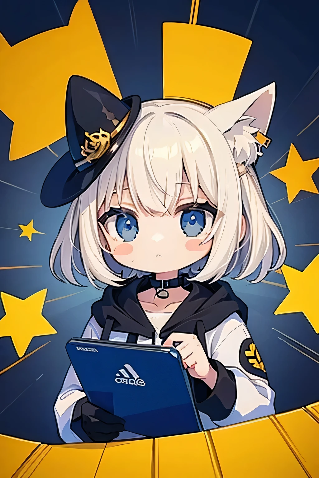 (sticker),#quality(8k,best quality, masterpiece),solo, #1girl(cute, kawaii,small ,smile,hair floating,hair color cosmic,pigtail hair,zombie skin,ghost skin ,skin color blue,pale skin,eye color cosmic,eyes shining,big eyes,damaged clothes,heavy metal costume,smirk,isolated on pink background,full body),#background(monotone,pink,no background,isolated on pink background),premium detailed,