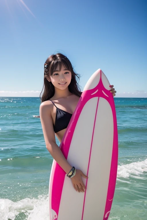  happy and smiling 18 year old girl in a white bikini surfing on a fluorescent pink surfboard on the ocean wave, She extends her hand and shows her index finger calling the camera, obra premiada