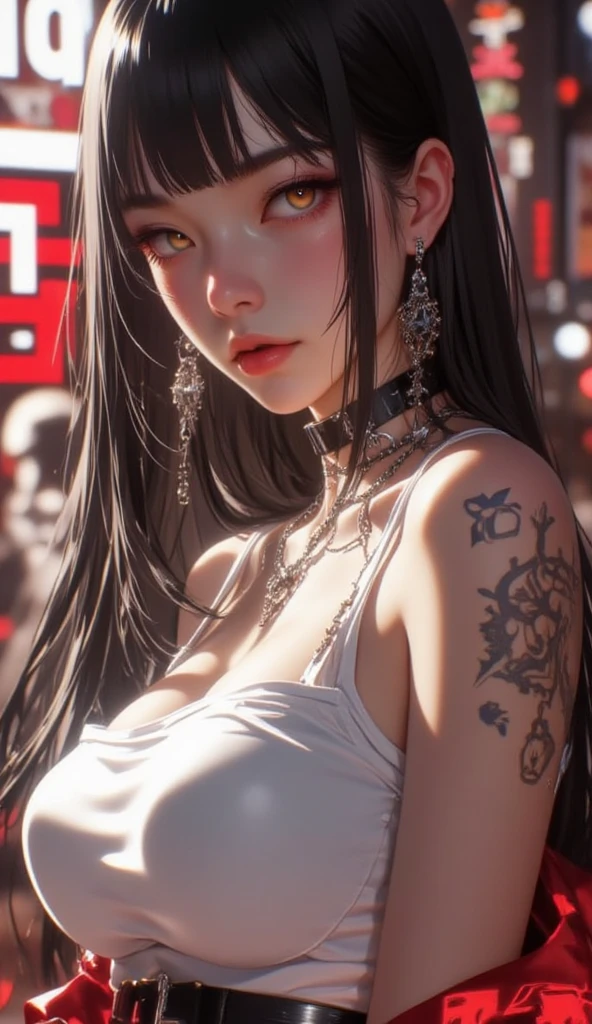 Cinematic lighting、(Key Light：Front 45 degree angle, Fill Light、Backlight、Shadow、Blue and orange color palette), Accurate human body、knowledgeable person、Correct five-finger、Raw photo、4K - ultra-vivid、highest quality, masterpiece, Ultra-high resolution, (reality: 1.4), 


(((Oilskin,Glowing Skin、Realistic skin texture、Fine and beautiful skin、Glowing Skin、Glowing Skin)))、

Beautiful young, 19歳のgirl, 魅力的なgirl, クールなgirl、girl、mini skirt、Black Mask、((赤いHeavy makeup))、((big breasts)) 、 girl1名, Purple Eyes, Off-the-shoulder sweater dresses, Cinematic lighting、Purple and black hair、(Mine girl、Goth Makeup、My Makeup)、(Pierced Ears、big breasts、An oversized white t-shirt with open shoulders、ダークmini skirt)、((Heavy makeup、Oilskin,Glowing Skin、Realistic skin texture、Fine and beautiful skin、Glowing Skin)), Dark downtown at night、Goth Makeup、Kabukicho、Dark Cyberpunk、(Full Shot:1.8)、Thin legs、Thin arms、Narrow shoulders、Narrow waist、Slender body、Beautiful breasts、whole body、Full of embarrassment、Sexy pose、(((Big Breasts、big breasts)))、(((Exclamation mark, Moaning, Many Hearts,Spoken Heart, Comic Strip, moving line, Motion Blur, Shaking violently, lots of heart speech bubbles、shout)))、