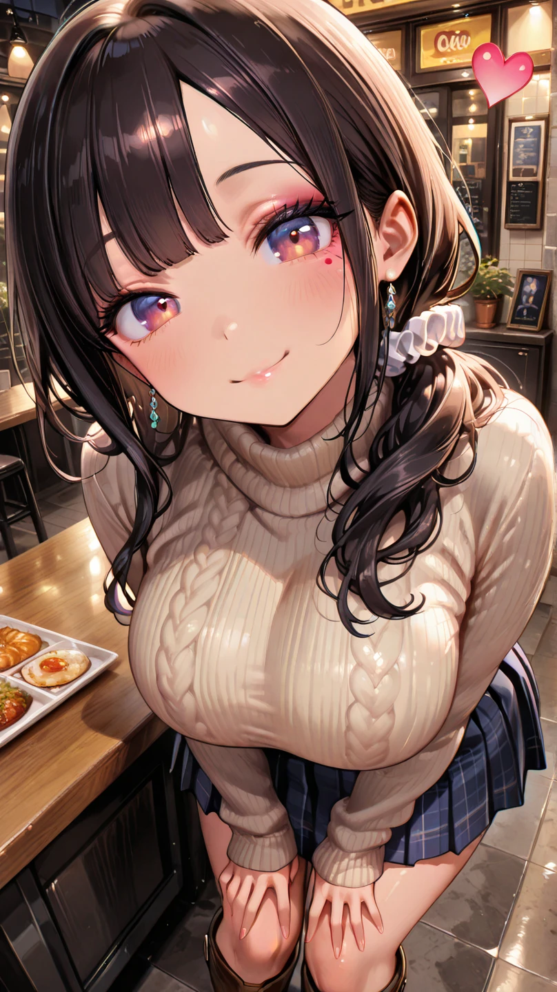(((Masterpiece))),(((Super Detail))),(((in 8K))),(((best composition))),(((Rim lighting,Fireglow effect,deep shadow))),solo),Beautiful fingers,Detailed finger features,(Detailed hair features:1.7),(Dynamic and sexy bending pose:1.3),detailed facial features,detailed clothes features, (perky chest:1.1), (pointed chest:1.3), delicate beautiful face, Bright blue eyes, cute eyes, sparkling eyes, Big eyes, beautiful detailed eyes,double bun with glittering hair ornament:0.6,(super detailed glossy skin:1.3),slender body,goddess smile,((with sparkling eyes and a contagious smile)),beautiful posture,have a cup of coffee,black hair, red eyes, dress, bare shoulders, jewelry, collarbone, sidelocks, hairband, earrings, indoors, off shoulder, sweater, arms behind back, plant, short hair with long locks, white hairband, off-shoulder dress, sweater dress, off-shoulder sweater, red sweater, big side hair, very long side hair,(super delicate floral pattern:1.2),seductive cleavage:1.3,beautiful glossy legs,shiny red high heels,lifting dishes with cakesd,french restaurant,hustle and bustle,rising steam,(((depth of fields)))