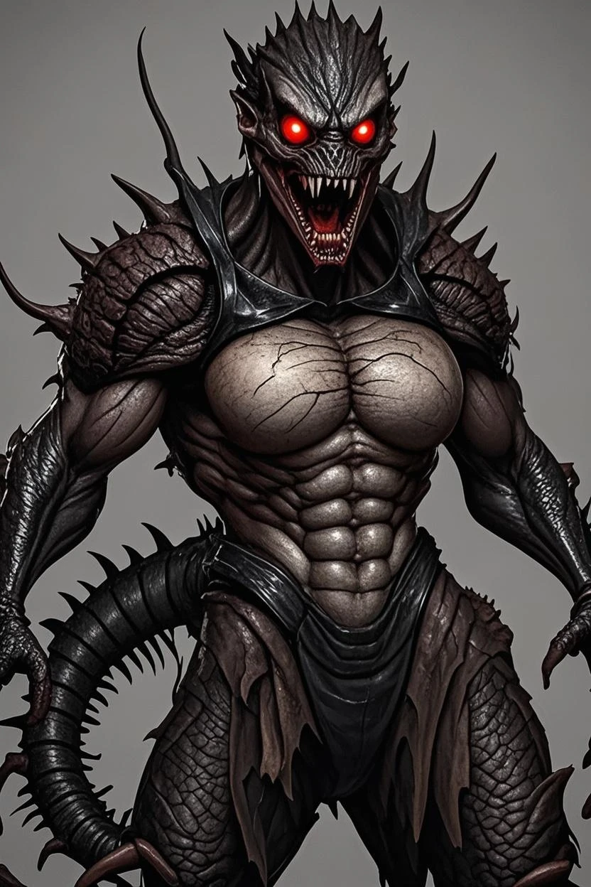 hammh2023, 8k, uhd, science fiction, best quality, masterpiece, trending on artstation, photorealistic, chest armor, cyberpunk armored, tactical armor, large head, sharp teeth, detailed purple skin, wide angle shot, action pose, claws, 3 fingers, mutant, alien, creature, monster