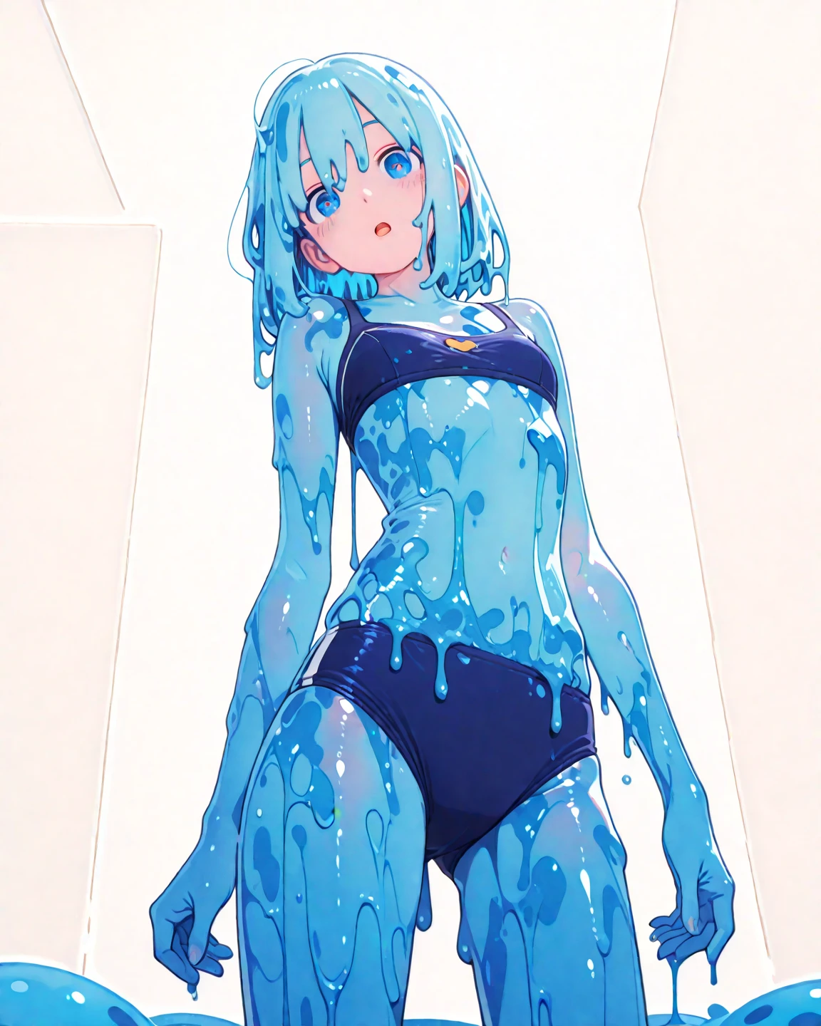 (masterpiece:1.3), (Best Quality:1.3), (Ultra-detailed:1.2), ((kawaii)), Cute, (lovely), ((sexy)), ((Extremely detailed)), 4K, (8K), Best Quality, (Beautiful), Illustration, anime style, (bold line:1.2), Gradation, full body, //, standing, contrapposto, One hand behind your head, //, a cute girl, 1girl, 16yo, (solo:1.2), pink-skinned, //, huge breasts, disproportionate breasts, (Perfect eyes:1.2), (Perfect iris:1.2), //, Short straight hair style, Blue and green gradient hair color, (beautiful eyes) //, (sexual expression:1.2), (ahegao:1.3), (laughing), smile, //, abstract art (school swimsuit), //, (Single color (purple) based cute zentangle heart pattern background:1.3), (zentangle background), abstract background art