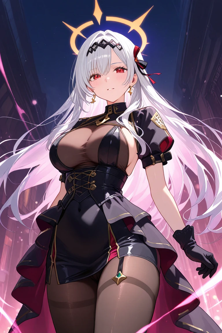 young woman with long silver hair, black eyes, extra large breasts, Sexy knight armor, Age 18