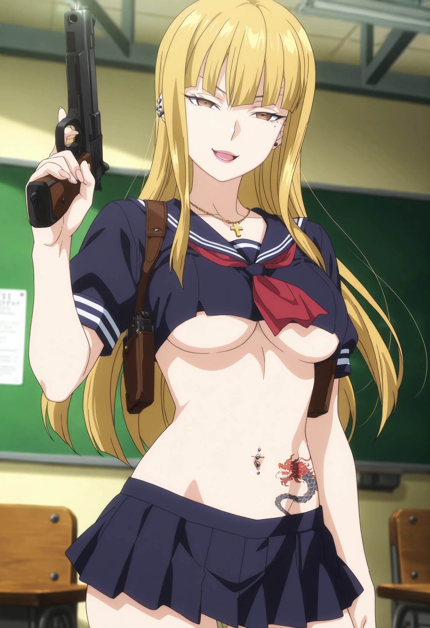 1girl, solo, yuuki asami,
looking at the viewer, medium breasts, gyaru,
brown eyes, blonde hair, long hair, interior, masterpiece, best quality, highly detailed, a anime girls in maid uniforms with a gun posing for a
picture, maid outfit, cleavage, evil smile, smile, open mouth ,ecchi anime style, anime girls, ecchi style,
ecchi, digital anime art!!, in anime style, official artwork, (nsfw) not safe for work, beautiful anime maid
girl, anime style 4 k, micro skirt, exposed belly, exposed navel, exposed midriff, exposed lower belly,
holding a gun,