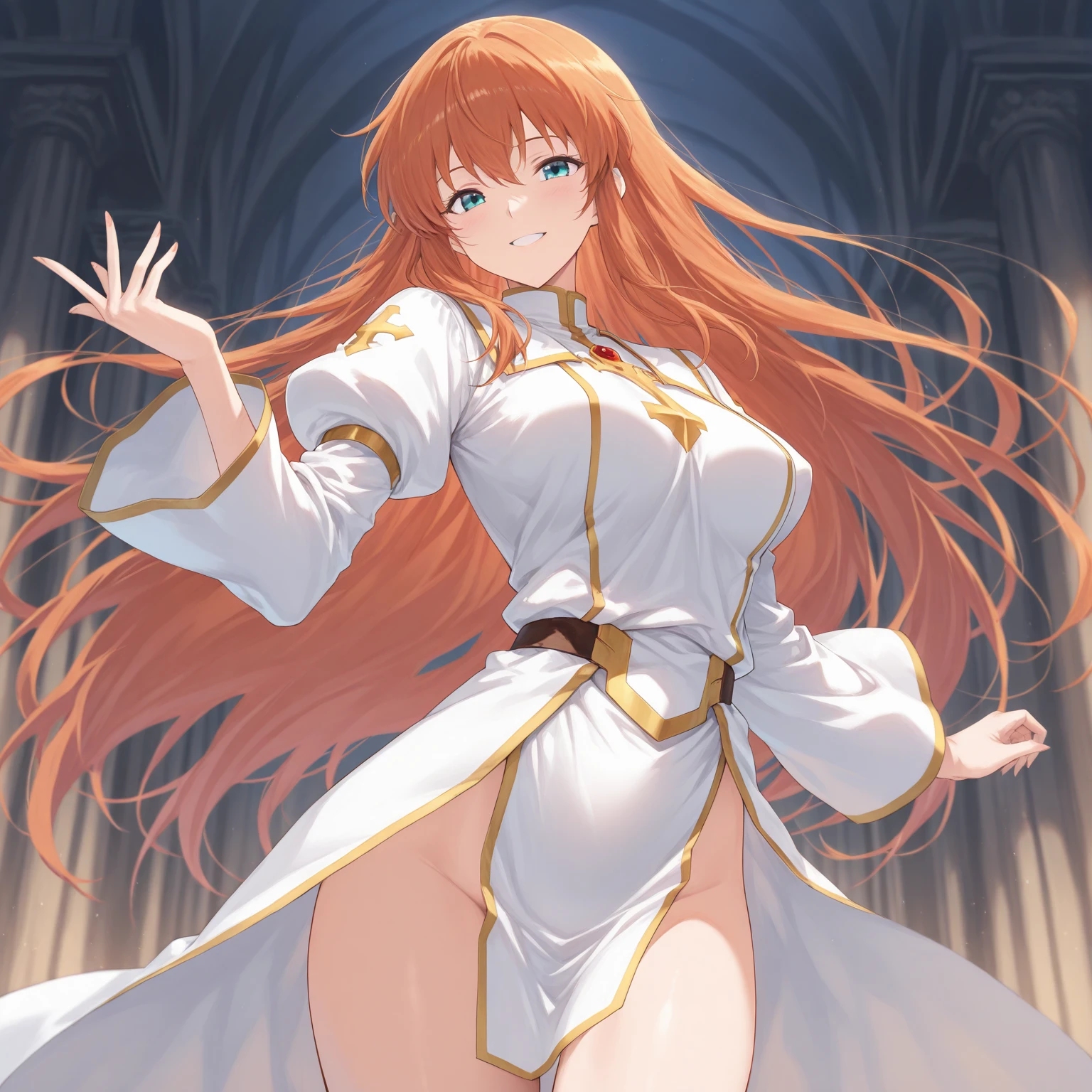 best quality, masterpiece, 1girl, beautiful young holy warrior, nun, white robes, blue eyes, big breasts, high cheekbones, bronze skin, copper hair, holding straight golden magic staff, record of lodoss war style, volumetric lighting, space, ruby tone, divine, spirit