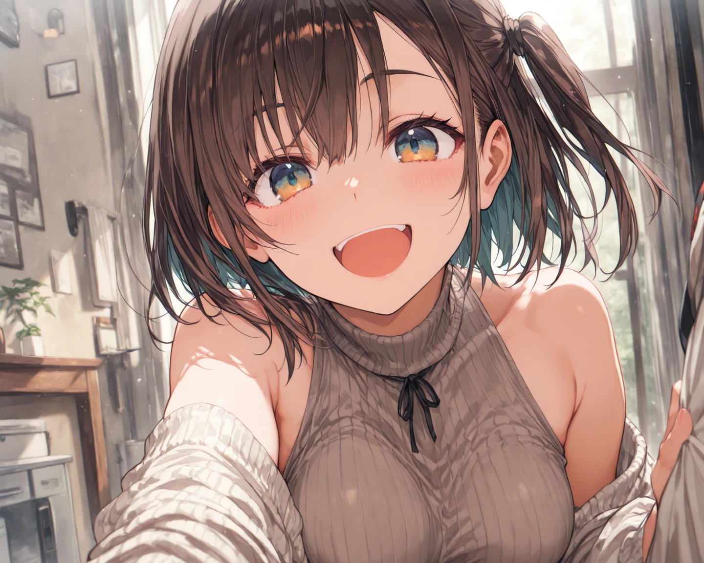 (small breasts:1.3), (perky chest:1.1), (pointed chest:1.0), (Pudding cake magazine cover:1.3),(from above:1.0),(from side:0.9),masterpiece, 1girl, Amazing Cleavage:1.1, thin waist, big ass, Raised sexy, small breast: 1.3, posed cleavage:1.2、solo, looking at viewer, open mouth, have a cute grass of cute beergrass,black hair, dark green eyes, dress, bare shoulders, jewelry, collarbone, sidelocks, hairband, earrings, indoors, off shoulder, :o, sweater, arms behind back, plant, short hair with long locks, gild hairband, off-shoulder dress, sweater dress, off-shoulder sweater, red sweater, dark gord hair, big side hair, very long side hair,is rendered in (masterpiece: 1.2, best quality), with (ultra high resolution) and an exquisite (depth of field). This masterpiece is not only visually stunning but also tells,A scene of cooking in the kitchen by classroom