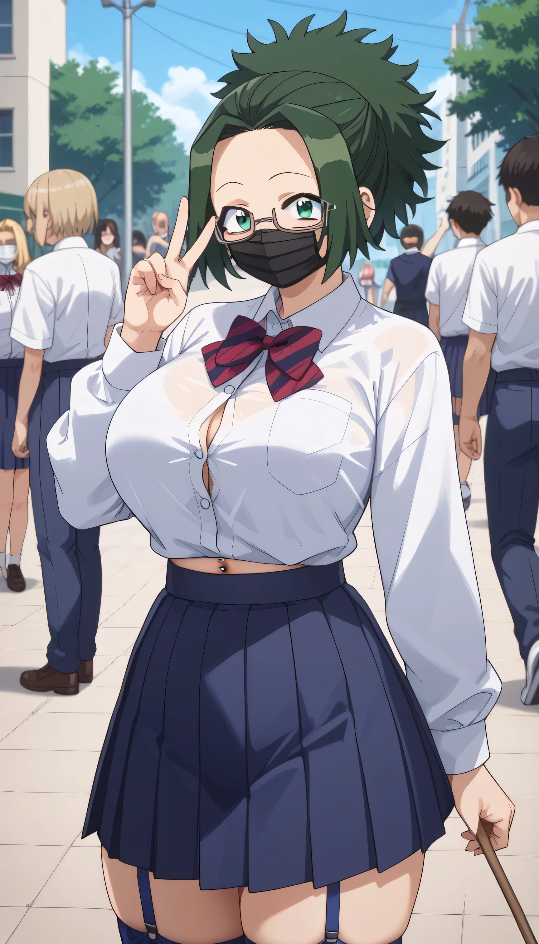 Outdoor Himiko Agari Short Hair Ponytail Gyaru Gal Green hair high school girls White collar shirt Green eyes Glasses The buttons on the shirt are fully fastened navy blue pleated skirt garter belt black mask Big Breasts Navel Piercing Shirts stick to skin random pose peace sign from belly button Two fingers