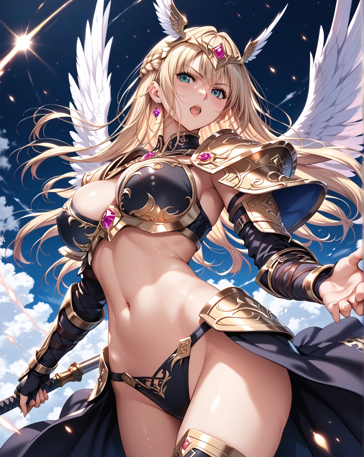 (:1.6), bikni armor, arena, gladiator, tridant, chains, angel wings, face scar, gladiator, metal mask for helmet, very long hair, blonde scars on body, cowboyshot, exposed belly, cape, half naked, outdoors gladiator arena
