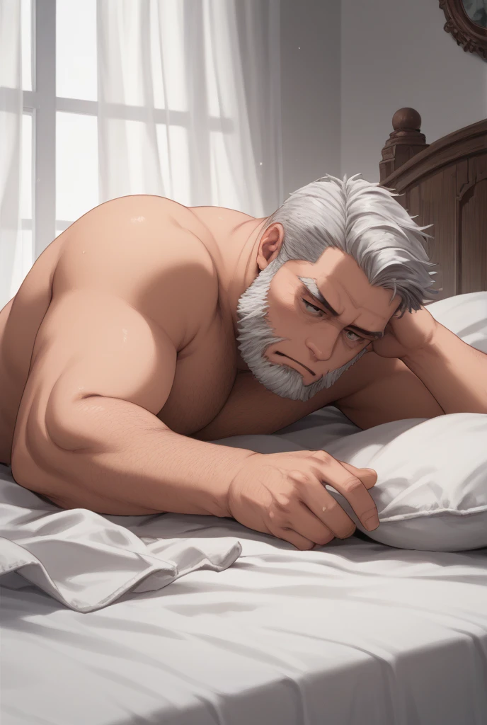 Muscular, burly man, The noble Duke,gray hair, A strapping man of 70, still strong,strong chest hair,lie in bed,In his tight black vest and white cape, he fell asleep,Drunk, sexy pose,Sexy beard,Extremely large crotch,He spread his legs,Extreme detail,serious face