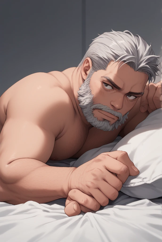 muscular, Burly man, noble duke,white hair, 70 year old strong man, still strong,Strong chest hair,Lying in bed,Wearing a black tight vest and a white cloak, He's asleep,drunk, sexy pose,sexy beard,The crotch is very big,He spread his legs,Extreme details,serious face