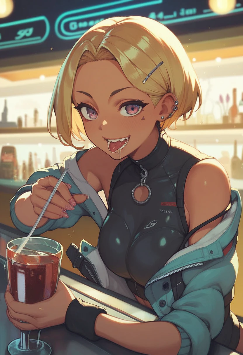 Top quality, masterpiece, fine detail, super detailed, accurate depiction, highly detailed 8k wallpaper, beautiful mechanical girl, solo, green eyes, smile, (close one eye: 1.5), (sexy mechanical girl: 1.3), five perfect fingers, (white exoskeleton suit: 1.1), (mechanical joints, echanical arms, mechanical legs: 1.4), (exposed shoulders, exposed armpits, exposed thighs), (red lips), (thin waist, huge breasts, wide hips), rabbit ears, rabbit tail, headphone, short blonde hair, cyberpunk, (bar), counter, wine, whiskey, bourbon, from side, looking back, put index finger on mouth,
