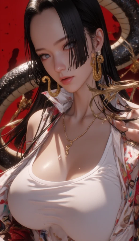 masterpiece, best quality, illustration, highly detailed, Tifa Lockhart, length hair, floating hair, messy hair, unique hair detailed, large breasts, breasts out, beautiful detailed eyes, cleavage, snake, (coiled), (python), snake scales detailed, restrained, scared face, crying, mouth gagged, nude, milk spurted from her nipples, bedroom