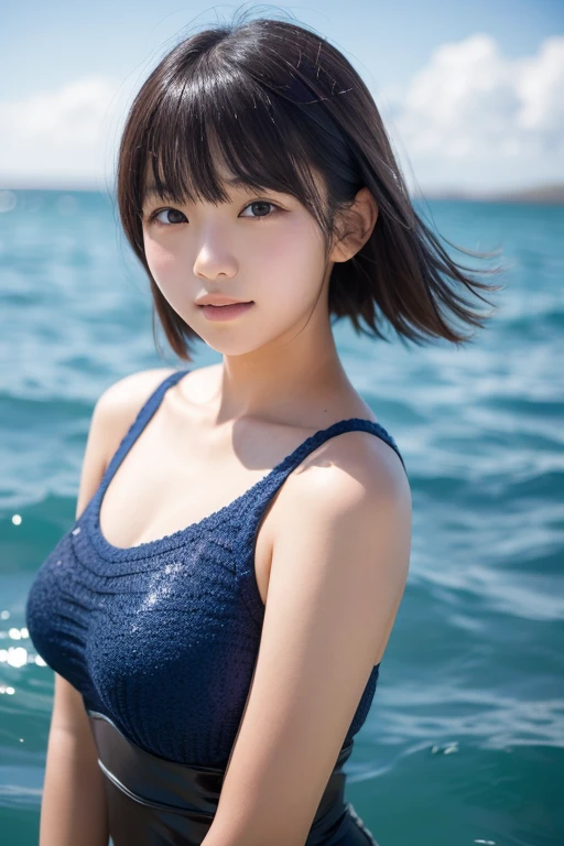 sea, wave, nude, (large breasts:1.3), short hair, back shot,
