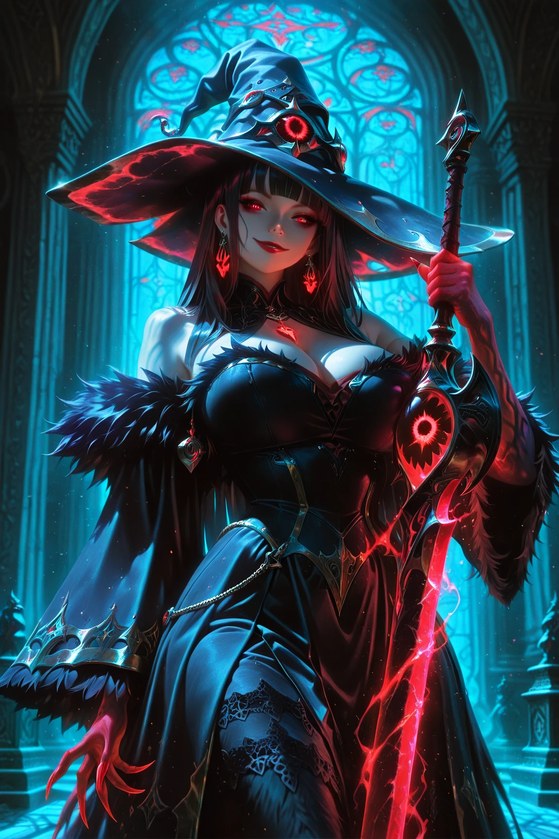 Evil Witch in English vermillion color english style witch hat and witch outfit with a wand made of dripping crimson, background a sea of crimson, phx