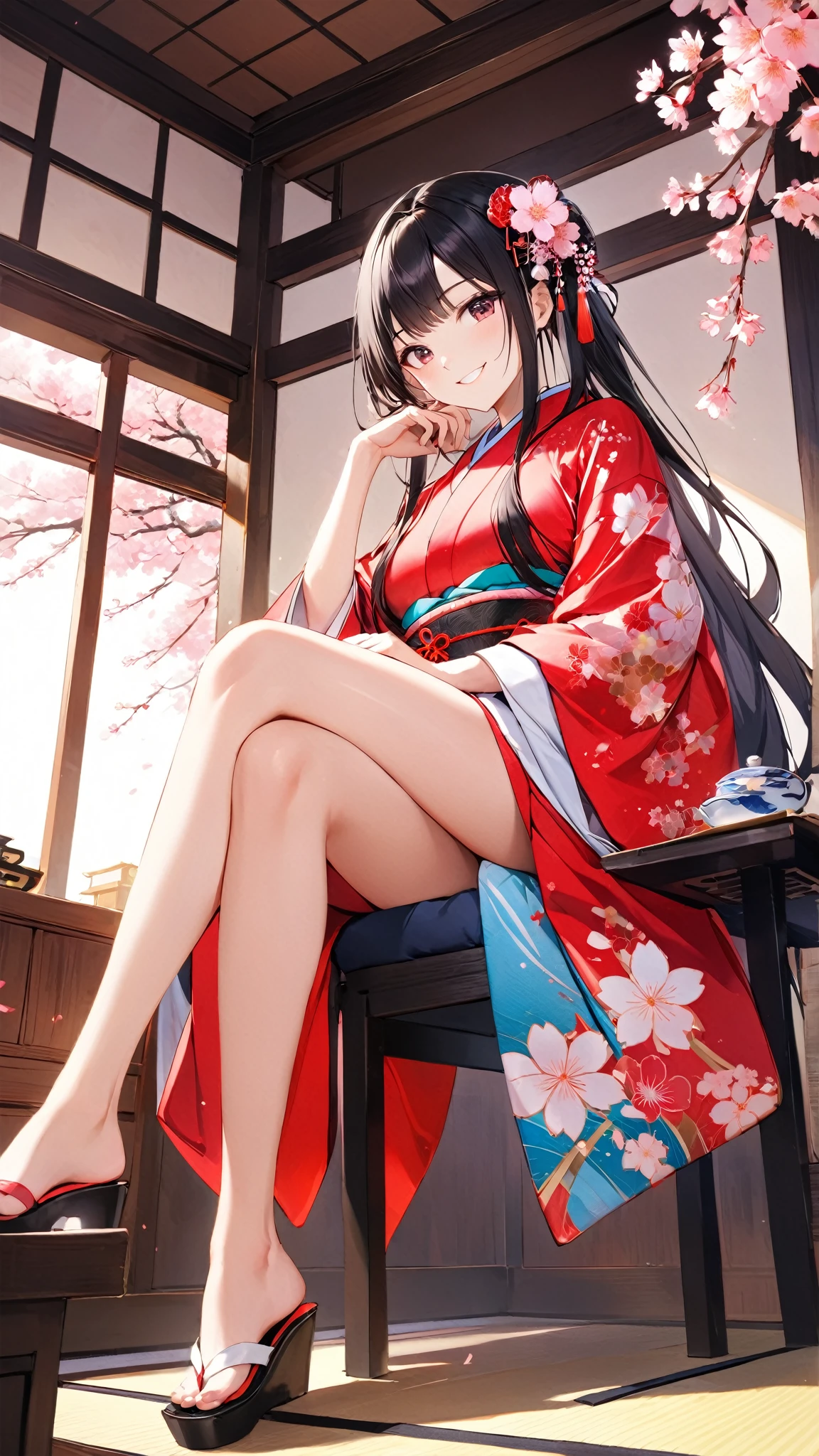 (Highest quality、masterpiece、High resolution、8K)、Ukiyo-e、Vibrant colors、Utamaro、Edo Period、Flowers of Yoshiwara、1 flower kui、whole body、Japanese-style room、There is a candle light、Utamaroの絵のモデル、Oiran Hair、Decoration、The kimono is white with red floral patterns、Sitting、Sitting sideways、Her kimono flips up, exposing the bare skin of her legs.、One hand is holding a tobacco pipe、Official Art、
