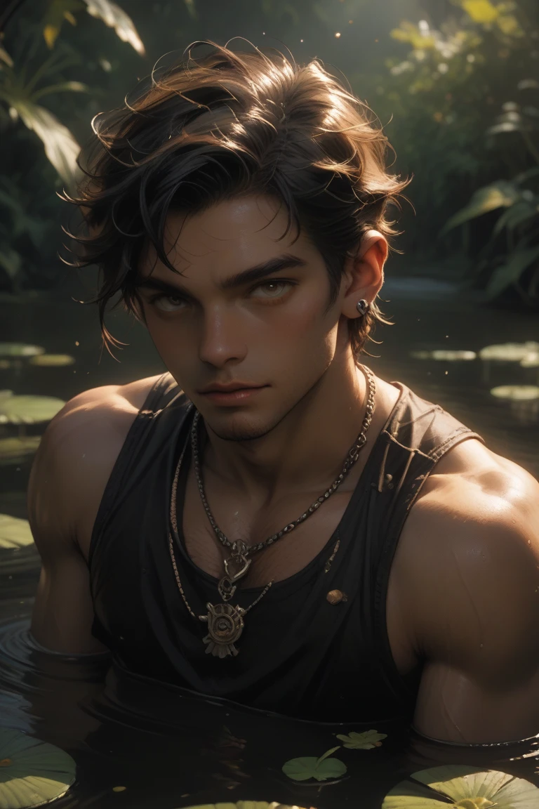 1 boy,Handsome,tall and strong,Perfect male image, Keep your eyes on the camera, ((Tanned skin)),forest,Feather hair ornaments,black hair,The expression is serious,necklace,Ray tracing