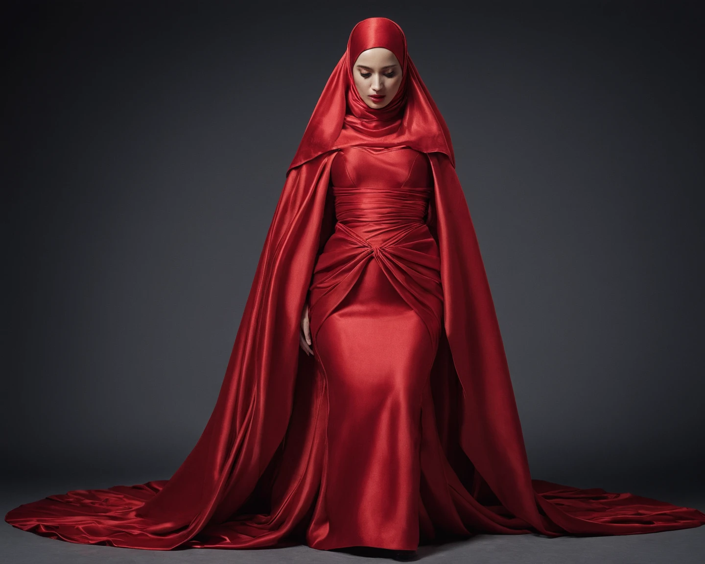 A indonesia woman shrouded in a 4-meter-long, plush red satin cloth, half nude, tightly bound and grandly draping along the form of her body, flowing off into a pooled floor-length train, styled in a mermaid-inspired outfit, her head modestly veiled in a satin hijab, in hotel loby, a full-body pose conveying a sense of mysterious elegance, captured in a 4k resolution, ultra-realistic