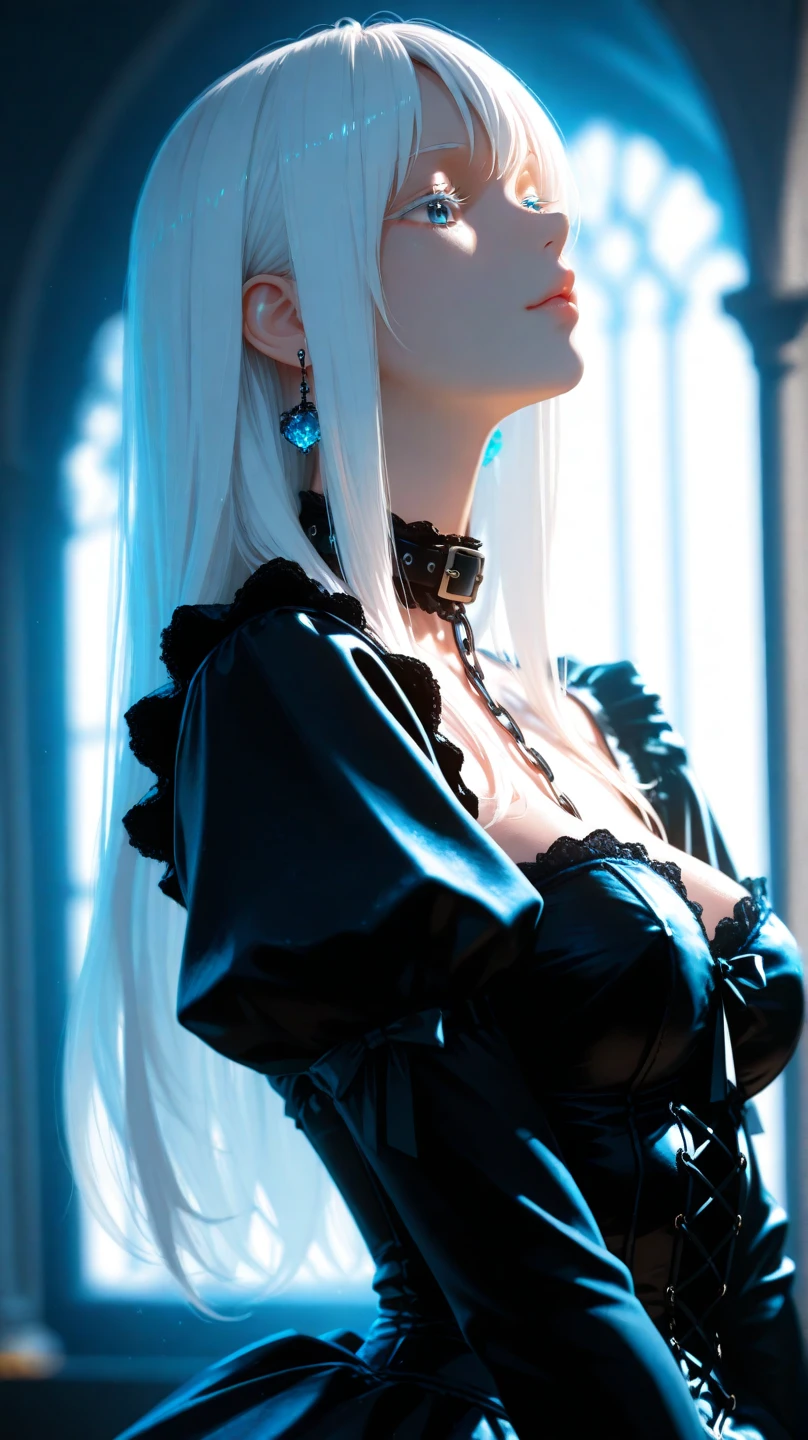 girl with white hair, black gloves, gothic,4K, masterpiece, perfect body, stem,perfect eyes, green eyes,perfect shading, perfect lighting, best quality, work of art, ultra detailed, detailed clothing