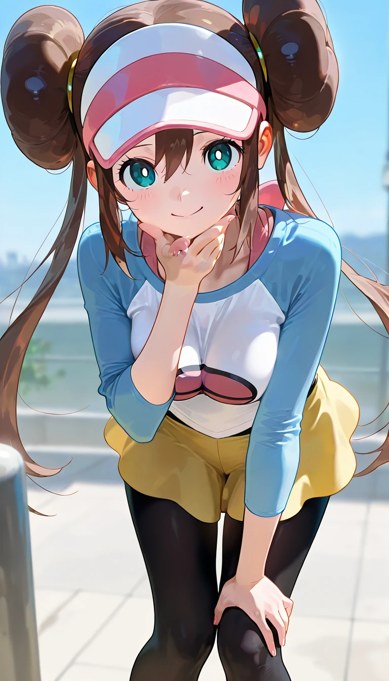 table top、highest quality、High resolution、1 girl、low length、Slender、smile、brown hair, bun hair, blue eyes, long twin tails, visor cap, black tights, raglan sleeves, yellow shorts,shirt, pink bow, watch、outdoor、Photo of the subject from below、tits、Loose shorts、white Panties are visible through the gap between the yellow shorts、Panties sticking out、raising one knee