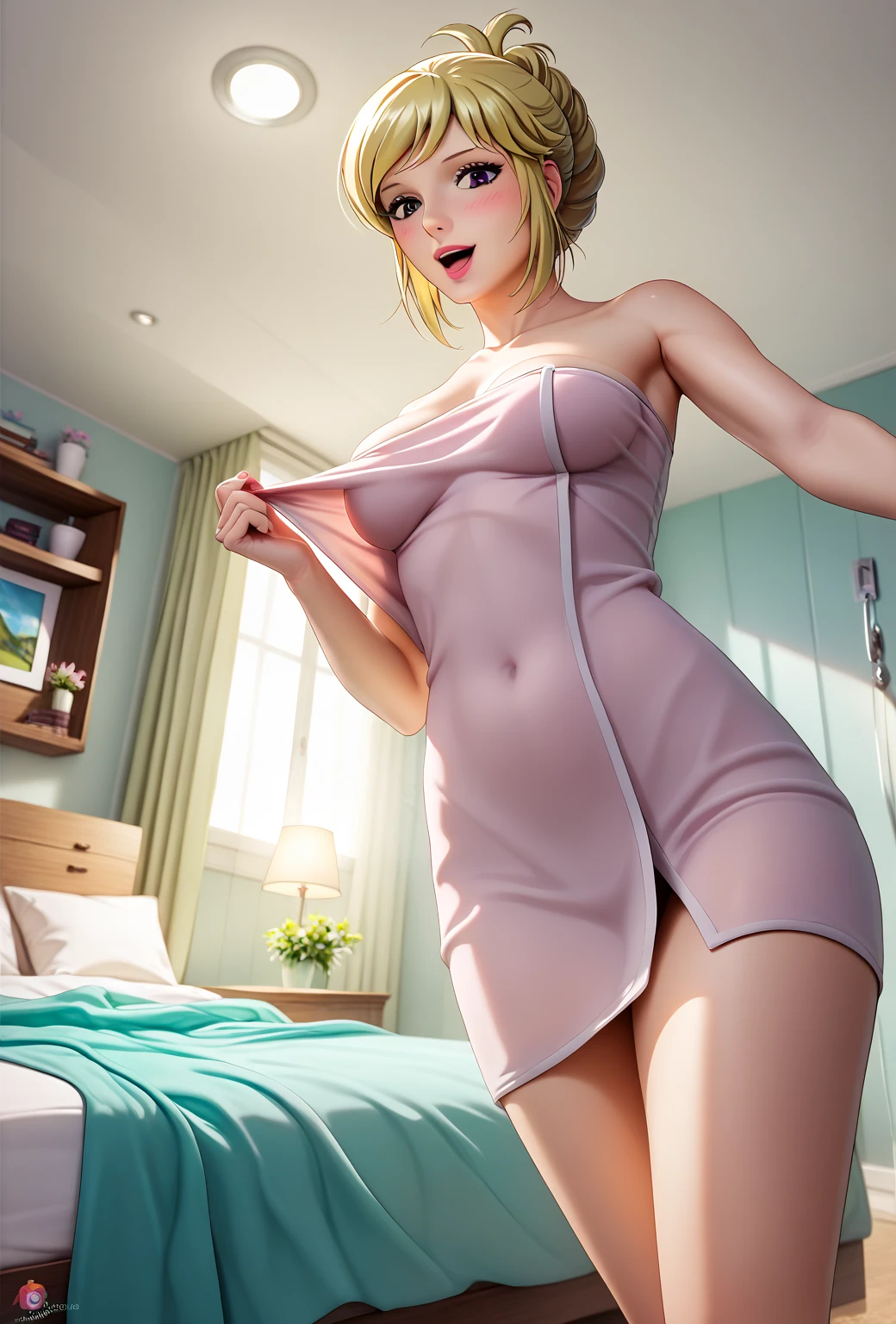 a beautiful woman with a lean body, blonde hair, and blue eyes, wearing pink lacy lingerie, mouth gagged with tape, her hair wrapped in tape, her cleavage exposed, tape wrapped above and below her breasts, her legs bound together, standing