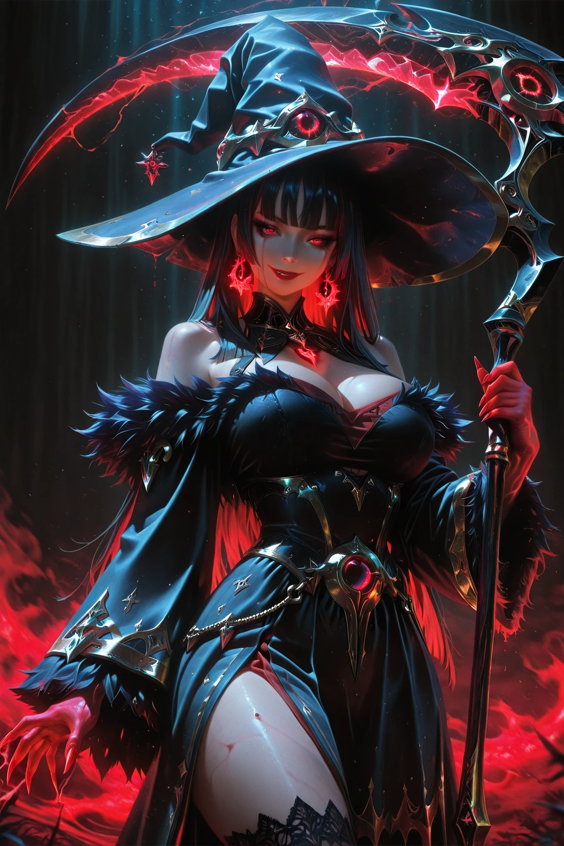 Dark magician gils con vestido de gala color Negro. Ella usa tacones rojos, tiene aretes. Usa collares. Cabello rubio y largo. Ojos azules. Labios rojos. Pose sensual y sujestiva. Fondo de Castillo